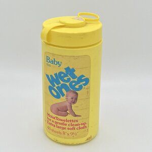 Vintage 80s Wet Ones Baby Size Towelettes Canister Retro Yellow Advertising